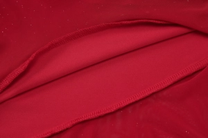 Detailed macro shot of red mesh fabric with subtle glitter and soft inner lining