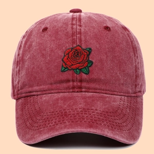 Vintage washed cotton baseball cap in burgundy with red rose embroidery and adjustable strap