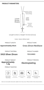 Detailed size chart for S925 sterling silver cross necklace with zircon dimensions