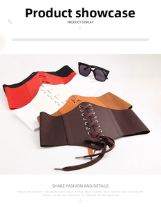 Flat lay detail of vintage lace-up elastic wide waist belts in various stylish colors