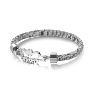 Silver stainless steel mesh bracelet featuring a heart shape and MOM letter charm