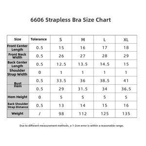 Detailed size chart for seamless sports bra top with chest and weight measurements