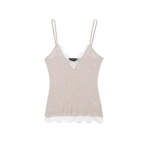Camisole en maille beige élégante avec bordure en dentelle blanche et décolleté en V