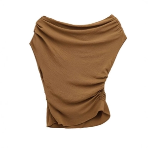Brown off-shoulder sleeveless top with pleated texture and asymmetric design for women