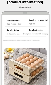 Detailed size chart for 2-tier egg storage box made of PET and PP material in 22.5x21x14.5cm