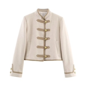 Veste Courte Femme Épaulettes Bordure Contrastée Boutons Chinois Col Montant Élégant Rétro Manteau Beige