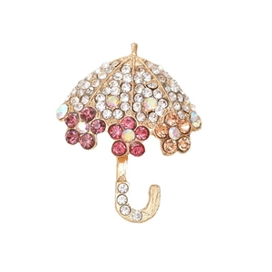Sparkling crystal umbrella brooch with colorful floral accents in gold-plated finish