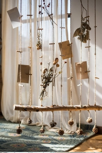 Macro shot of Nordic birch wood wall decor with hemp rope, clips and pine cones