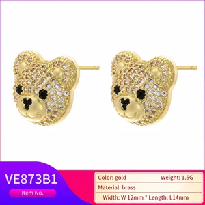 Golden hip hop bear stud earrings with shiny crystals and brass material for women