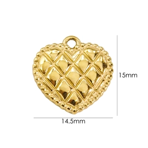 Detail of a 15mm gold heart pendant with diamond texture and beaded edge design
