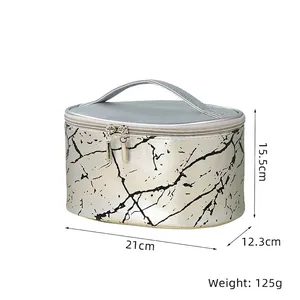 Detailed view of silver marble makeup bag with handle and dimensions 21x12.3x15.5cm