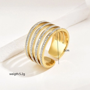 Adjustable multi-layer stainless steel ring with 5 rows of pave crystals in gold finish