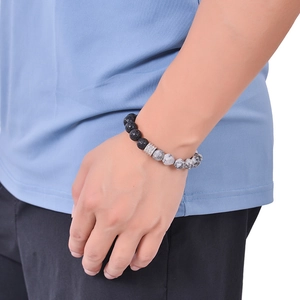 Men's 10mm faceted map stone and lava rock elastic bracelet with silver metal bead