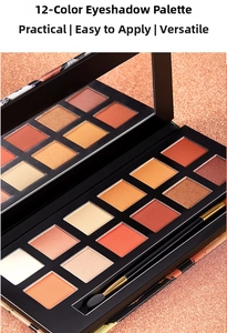 Detailed view of 12-color eyeshadow palette with matte and shimmer shades and dual-ended brush