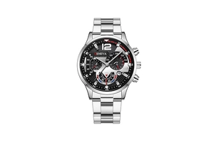 Detail of Geneva quartz watch dial with multifunctional sub-dials and silver steel strap
