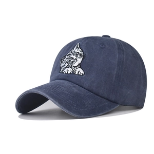 Navy blue washed cotton baseball cap featuring high-quality white cat face embroidery