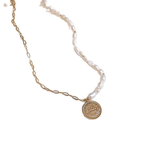 14K gold plated coin pendant necklace with pearl and metal chain links