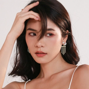 Elegant pearl tassel drop earrings with sparkling rhinestones in a gold-plated setting