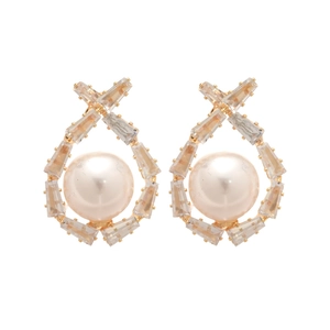 Elegant gold drop earrings with zircon crystals and large central round white pearls