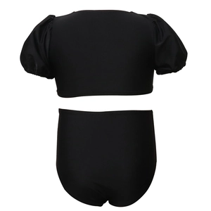 Classic two-piece black bikini set for girls featuring puff sleeves and high waisted bottoms