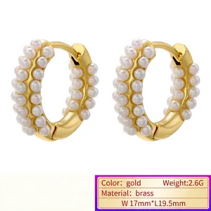 18K gold plated brass C-shaped hoop earrings featuring multiple white faux pearls