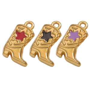 Three gold stainless steel cowboy boot charms with colorful enamel star patterns