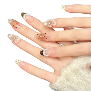 French press-on nails with 3D white flowers, brown dots, and shimmering rhinestone accents