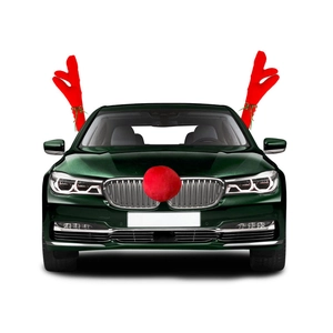 Plush reindeer antlers and red nose car decoration kit shown on a green vehicle
