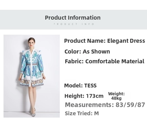 Guide des tailles pour robe à motif paisley avec mesures du mannequin pour ajustement