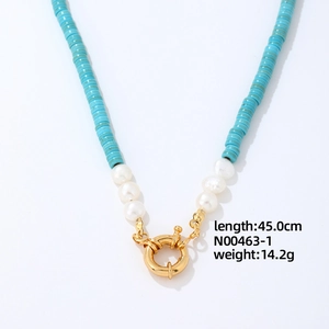 Detail of beaded turquoise necklace with pearls showing length 45.0cm and weight 14.2g