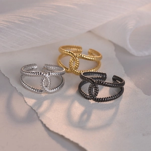 Stainless Steel Hollow Geometric Twisted Rope Open Ring Adjustable Retro Minimalist Niche Jewelry For Women