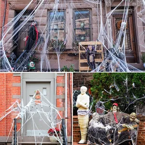 Stretchable white spider web with black spiders for outdoor Halloween house decor