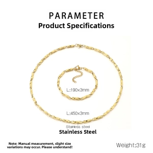 Detail view of gold stainless steel Chopin chain necklace and bracelet set with dimensions