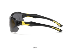 0° side view of outdoor sports sunglasses with sleek black frame and yellow details