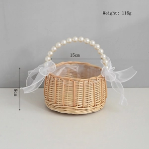 Detail of woven flower basket with pearl handle, chiffon bows, and size dimensions
