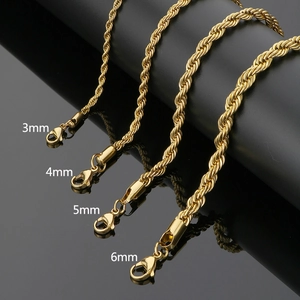 Golden stainless steel twist rope chains in 3mm, 4mm, 5mm and 6mm widths for unisex wear