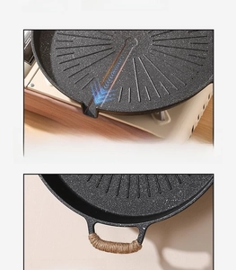 Detail of Korean stone coated grill pan featuring oil guide port and rope wrapped handle