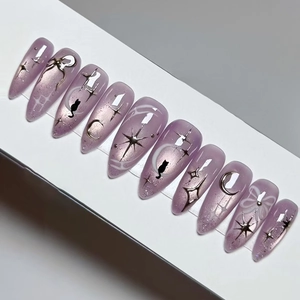 Purple Cat Eye Press On Nails Almond Shape Night Sky Moon Star Black Cat Silhouette Bow Artificial Fake Nails