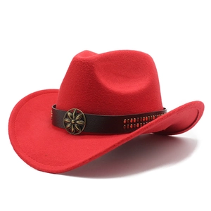 Vintage red felt Western cowboy hat with leather band and metallic floral ornaments