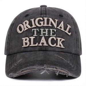 Vintage dark grey washed denim baseball cap with Original The Black embroidery and distressed brim