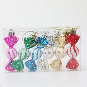 6-piece colorful glitter candy-shaped Christmas tree ornaments in transparent box