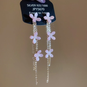 Detail of pink resin flower earrings with shimmering long tassel and S925 silver needle