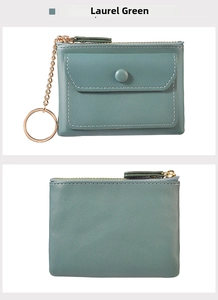 Detailed front and back views of the Laurel Green mini leather coin purse with gold keychain