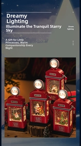 Close-up of vintage red gas station snow globe with Santa and warm light effects