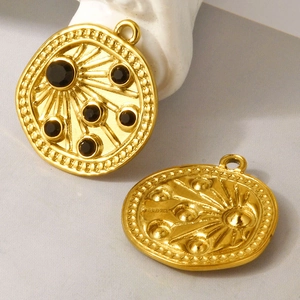 Irregular 18k gold plated 304 stainless steel pendants with black stones and relief texture