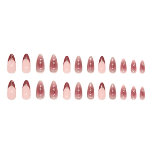 French wine red ombre press on nails with silver star patterns and glossy almond finish