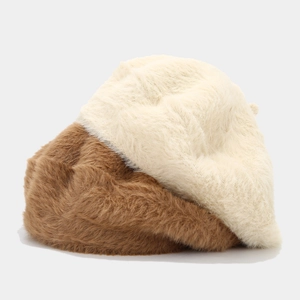 Detail of soft faux fur texture on cream and brown winter beret hats for women