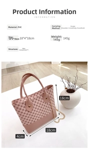 Pink checkered PVC tote bag with chain strap and detailed product size specifications