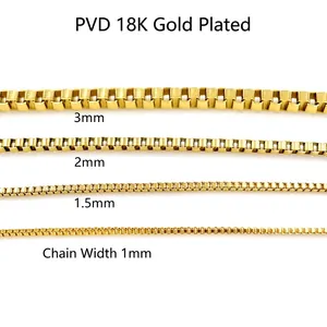 Comparison of 1mm to 3mm 18K gold plated stainless steel box chains showing various widths