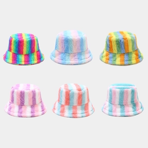 Women Faux Fur Rainbow Striped Bucket Hat Winter Warm Plush Fisherman Hat Colorful Patchwork Stylish Outdoor Sun Basin Hat